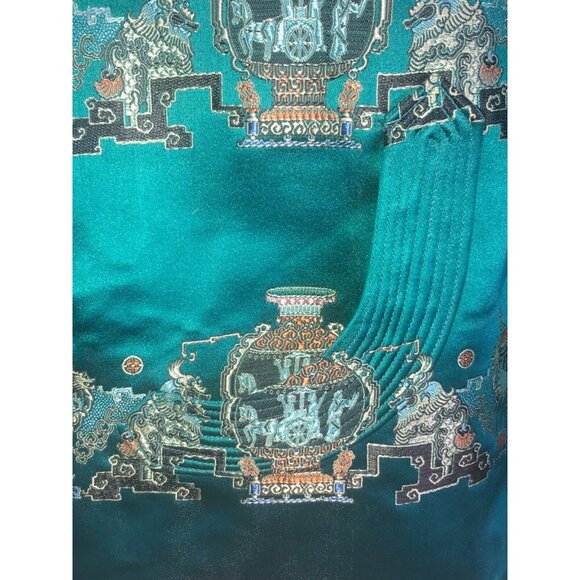 VTG 50's Golden Lotus at Waikiki Satin Embroidered Jacket Pockets Teal Boho Sz L - Picture 11 of 11